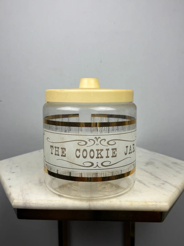Vintage Glass Cookie Jar Yellow Lid Retro Kitchen Canister