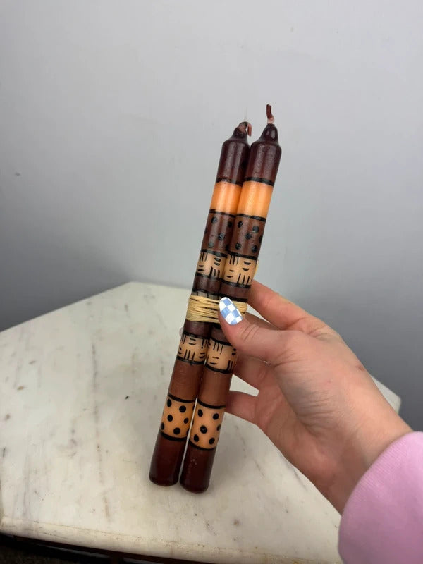 Vintage Pair Hand Painted Taper Candles Geometric Folk Art Decor