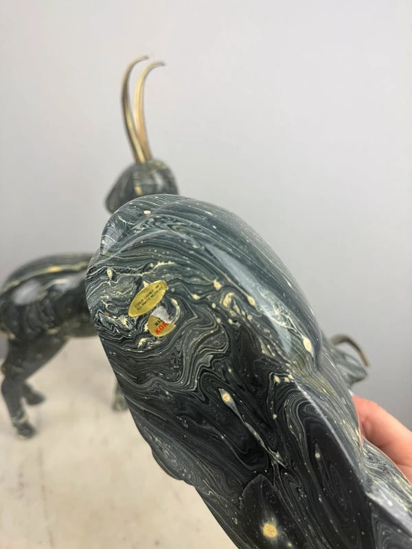 post modern Pair of Marbled Gazelle / Antelope Figurines - Brass Horns