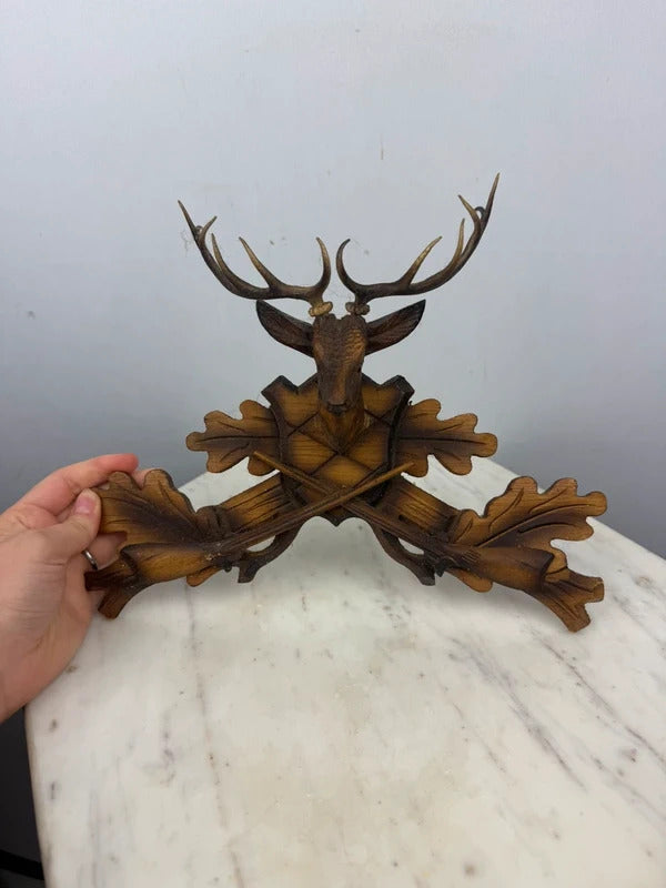 Vintage Black Forest Style Carved Wood Stag Deer Hunting Wall Plaque