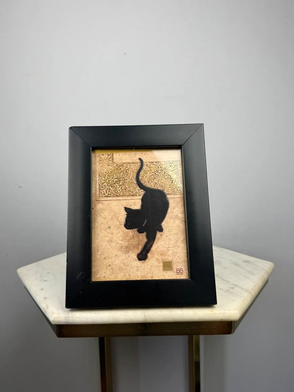 Vintage Black Cat Framed Art Print Gold Background Whimsical Wall Decor