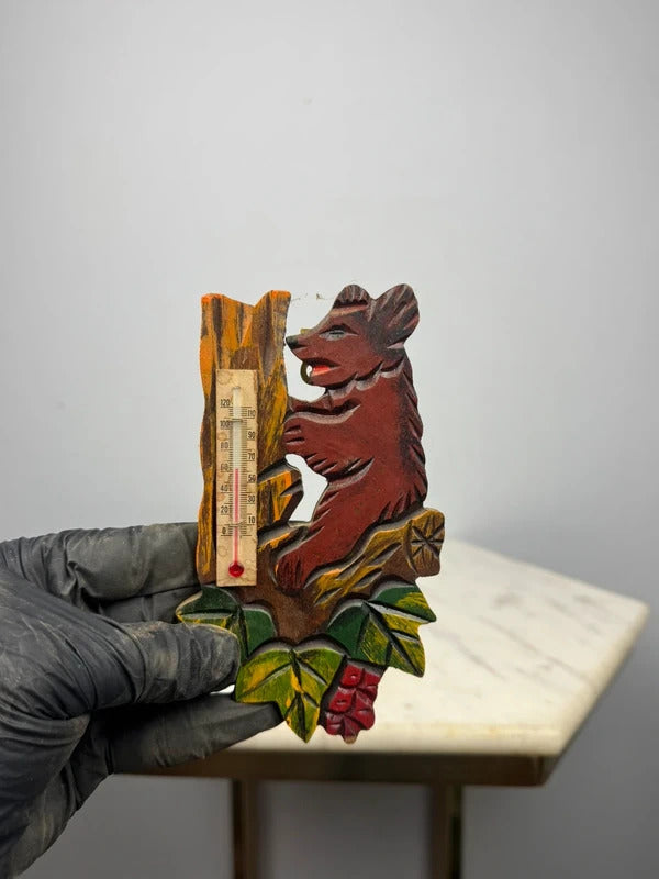 Vintage Hand Carved Wooden Bear Thermometer Rustic Cabin Lodge Wall Decor