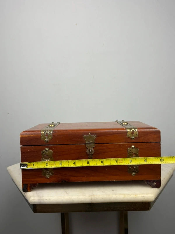 Vintage Wood Jewelry Box Brass Hardware Mini Chest 10.5”