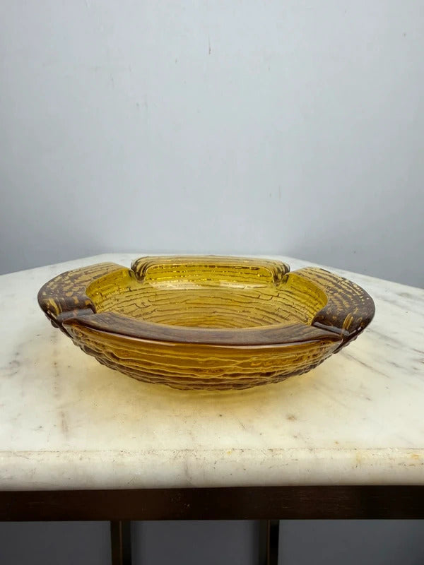 Vintage Amber Glass Ashtray Textured Mid Century Modern
