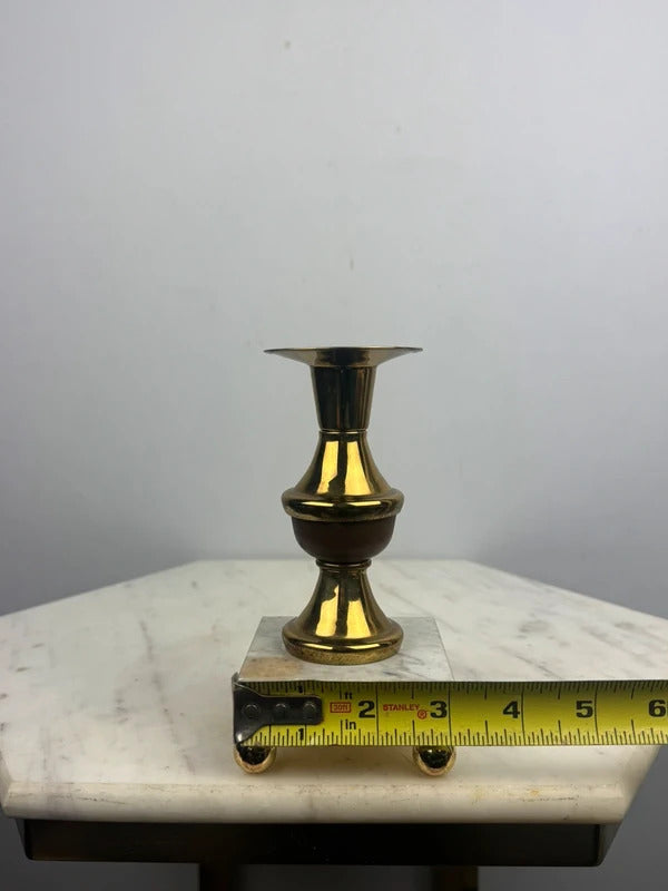 Vintage Brass Candlestick Holders Pair Marble Base Ball Feet Wood Accent