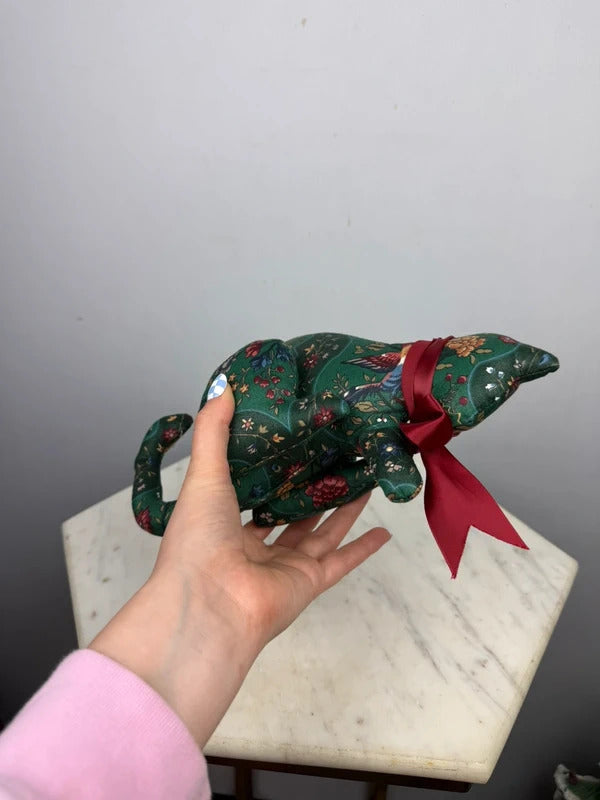 Vintage Floral Fabric Stuffed Anteater Animal Red Bow Decor
