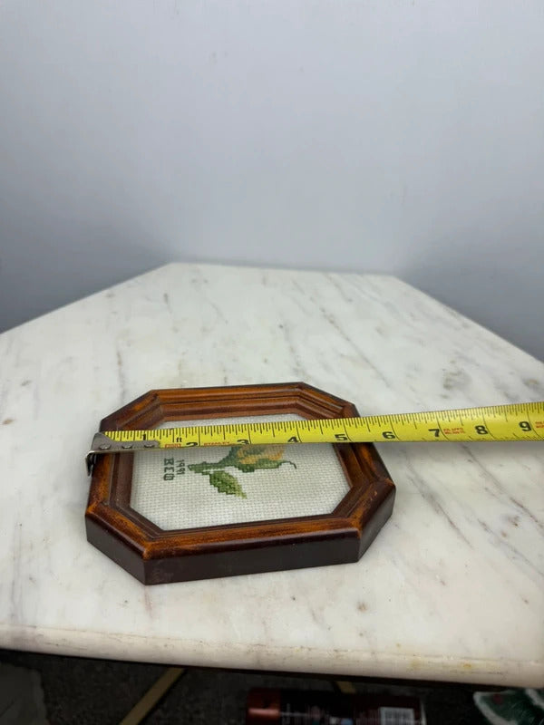 Vintage 1991 Cross Stitch Yellow Rose Bud Framed Octagon Wood Frame Cottagecore