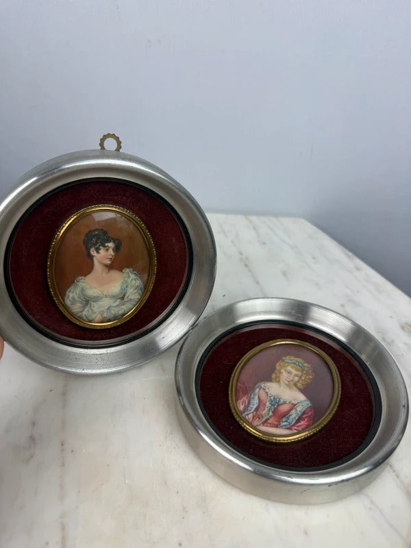 Pair Framed Victorian Lady Portrait Miniatures Round Silver Tone Frames