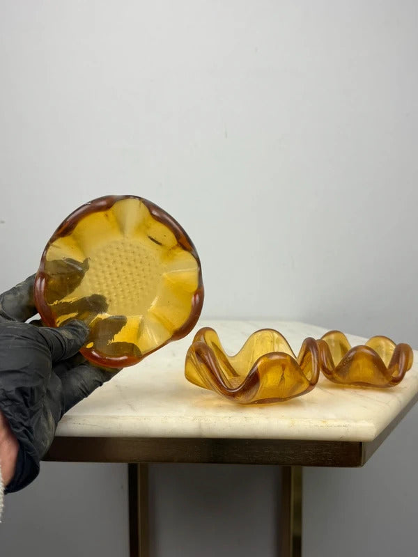 Vintage Amber Glass Nesting Ashtrays Set of 3 MCM Ruffled Petal Dishes