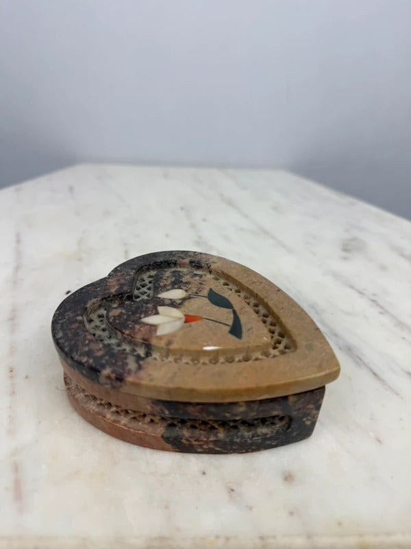 Carved Soapstone Heart Box - Pietra Dura Floral Inlay - India