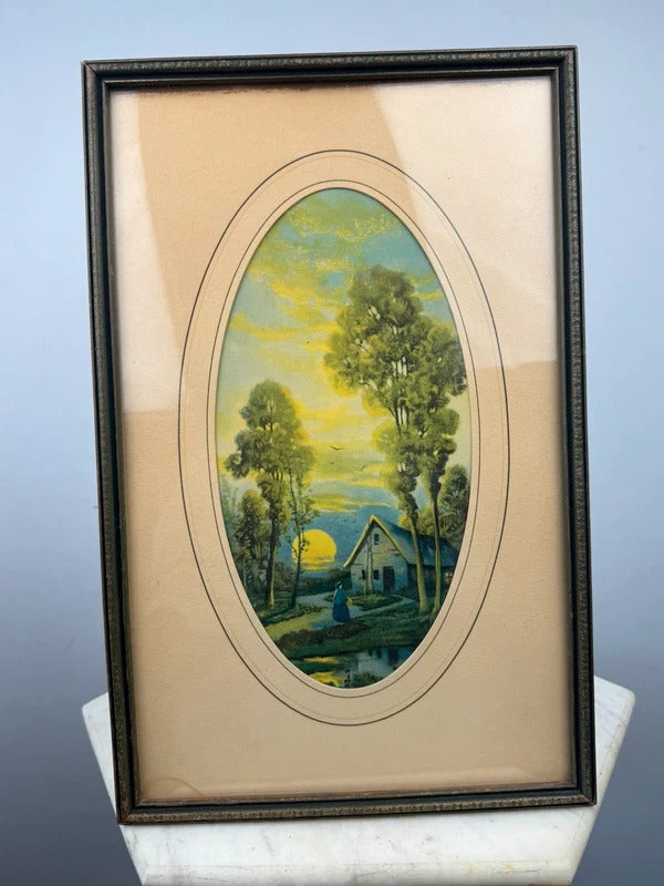 Vintage Framed Oval Landscape Print Cottage Sunset Trees Rustic Wall Art