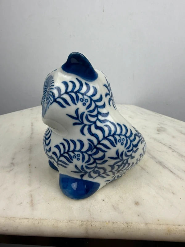 Vintage Blue & White Ceramic Owl Figurine Chinoiserie Style Decor