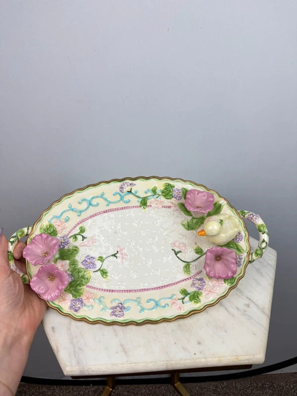 Vintage Avon Ceramic Floral Duck Tray Pink Flowers Gold Trim